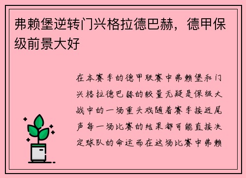 弗赖堡逆转门兴格拉德巴赫，德甲保级前景大好